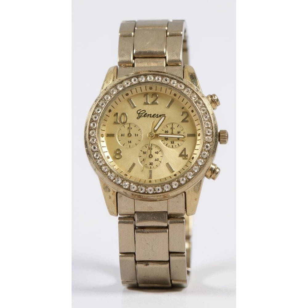 Geneva Gold Tone Rhinestone Bezel Faux Chrono Quartz Analog Women's Wrist Watch